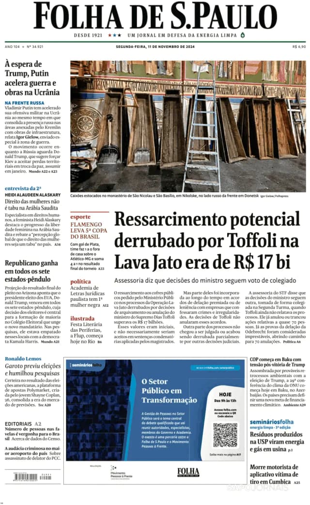 Capa jornal Folha de S. Paulo 2024-11-11