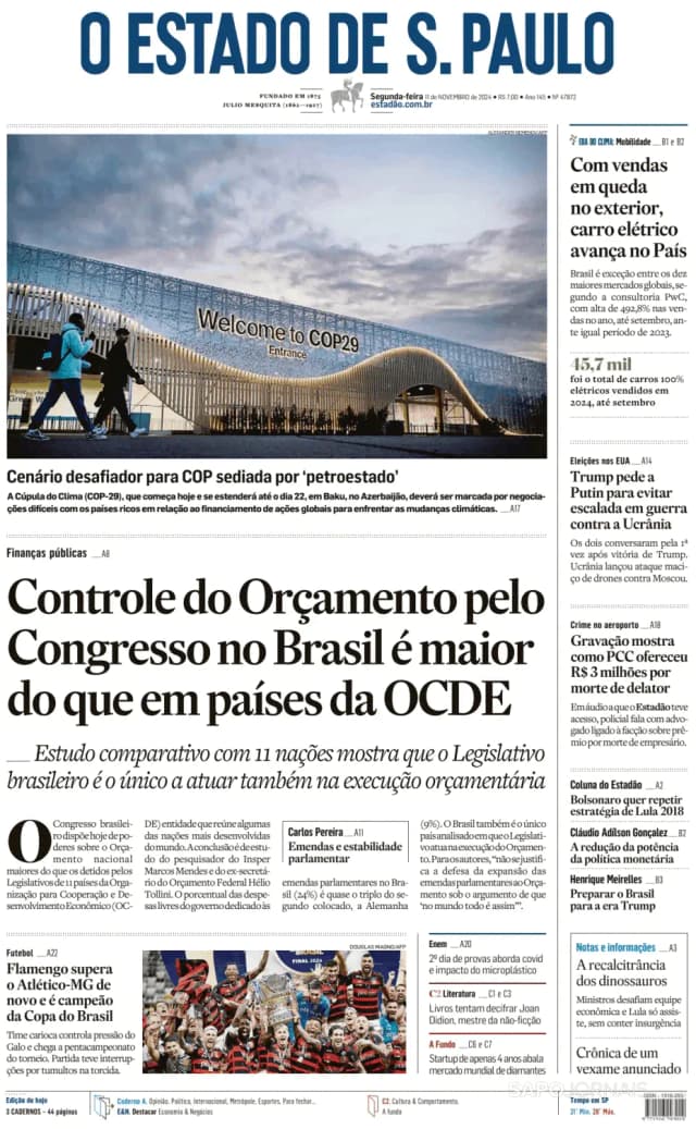 Capa jornal O Estado de S. Paulo 2024-11-11