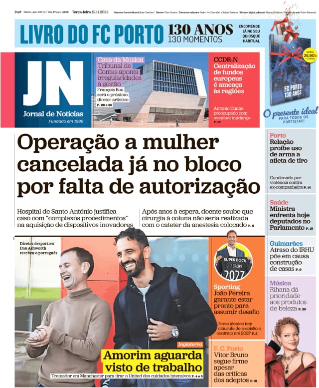 Capa jornal Jornal de Notícias 2024-11-12