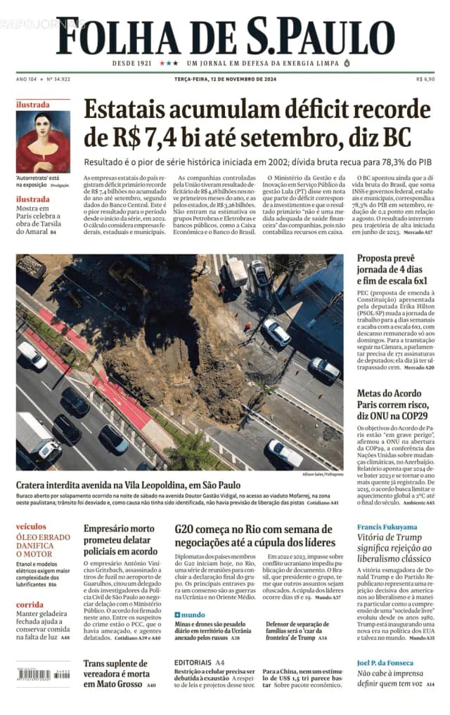 Capa jornal Folha de S. Paulo 2024-11-12