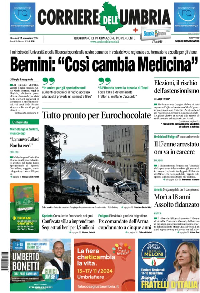 Capa jornal Corriere dell'Umbria 2024-11-13