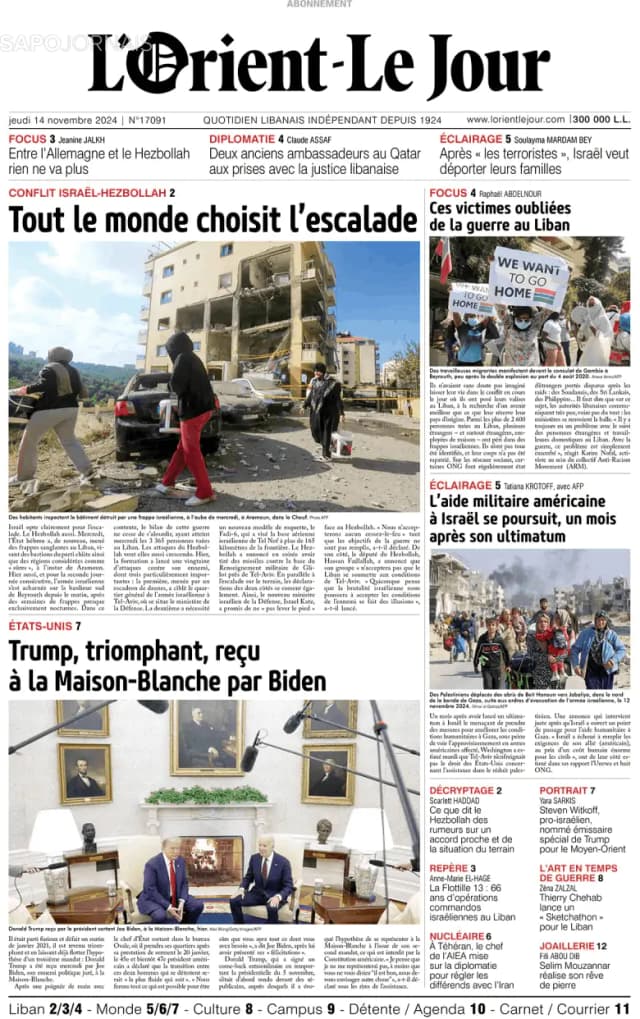 Capa jornal L'orient le jour 2024-11-14