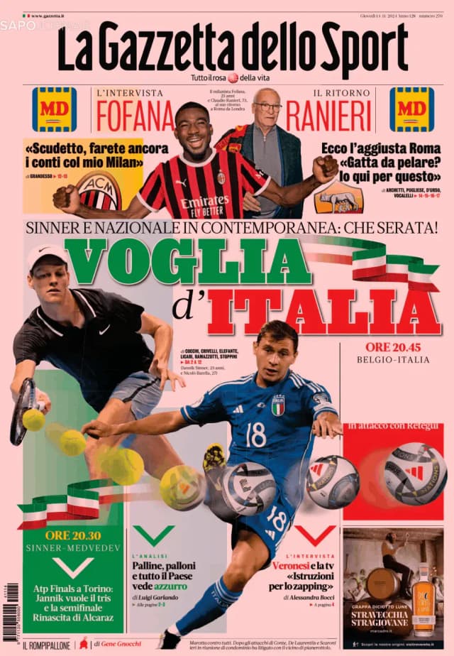 Capa jornal Gazzetta dello Sport 2024-11-14