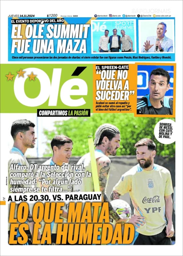 Capa jornal Olé 2024-11-14