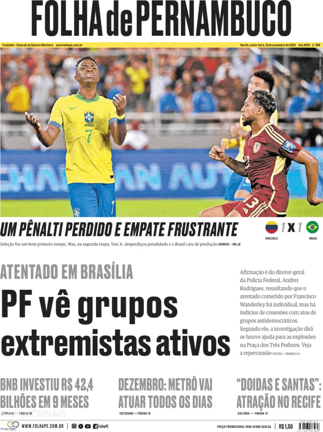 Capa jornal Folha de Pernambuco 2024-11-15