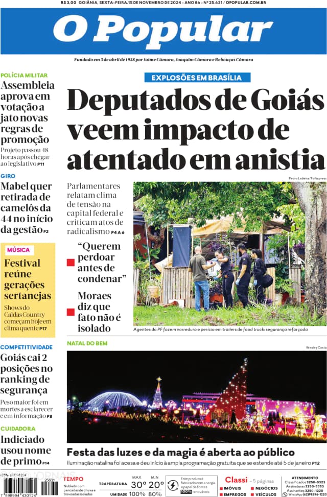 Capa jornal O Popular 2024-11-15