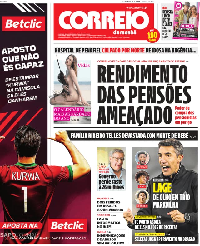 Capa jornal Correio da Manhã 2024-11-15