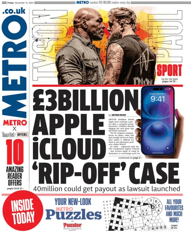 Capa jornal Metro London 2024-11-15