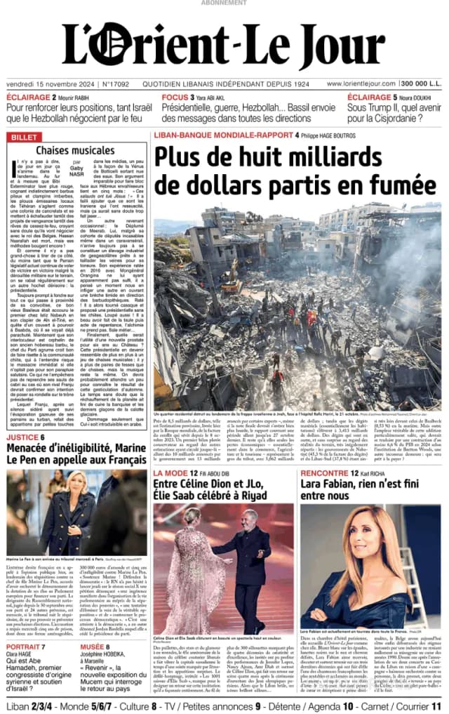 Capa jornal L'orient le jour 2024-11-15