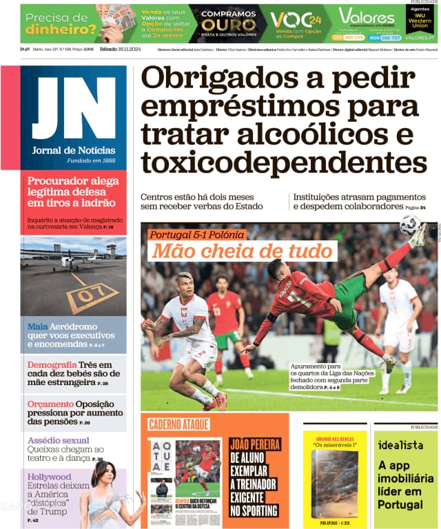 Capa jornal Jornal de Notícias 2024-11-16