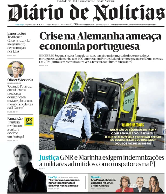 Capa jornal Diário de Notícias 2024-11-18