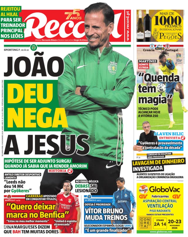 Capa jornal Record 2024-11-18