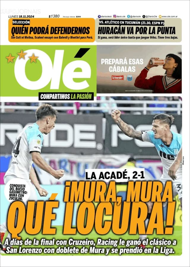 Capa jornal Olé 2024-11-18