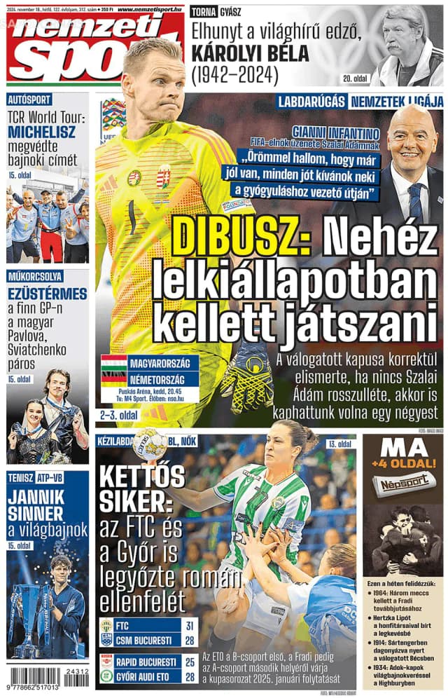 Capa jornal Nemzeti Sport 2024-11-18