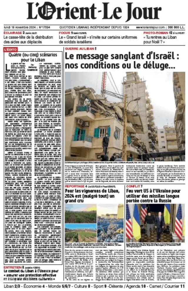 Capa jornal L'orient le jour 2024-11-18