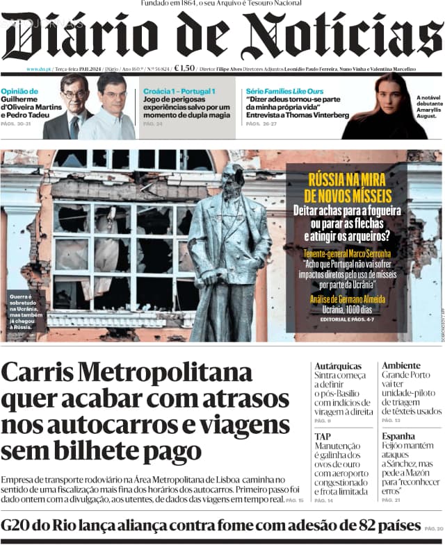 Capa jornal Diário de Notícias 2024-11-19