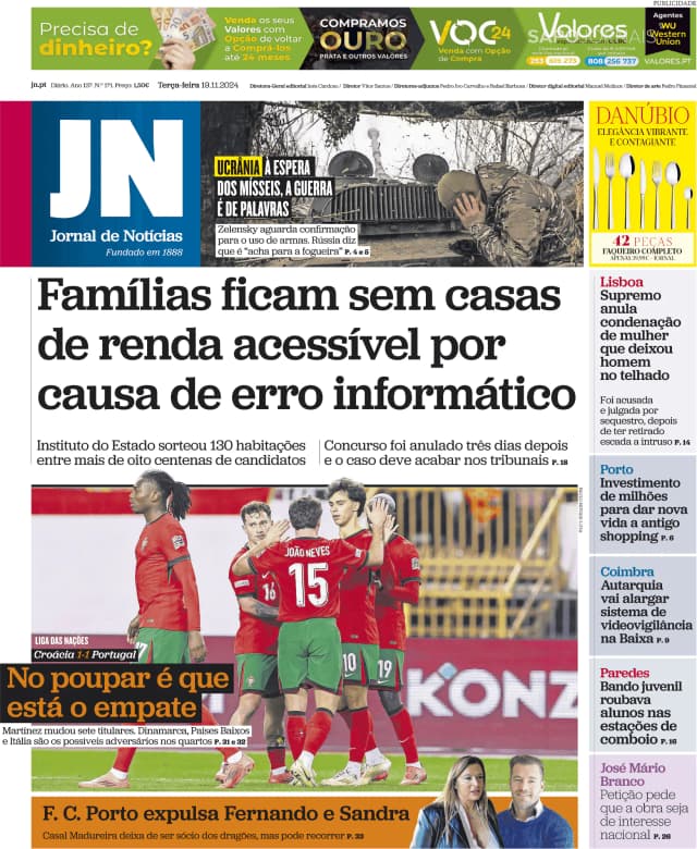 Capa jornal Jornal de Notícias 2024-11-19