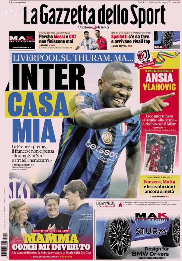 Capa jornal Gazzetta dello Sport 2024-11-19