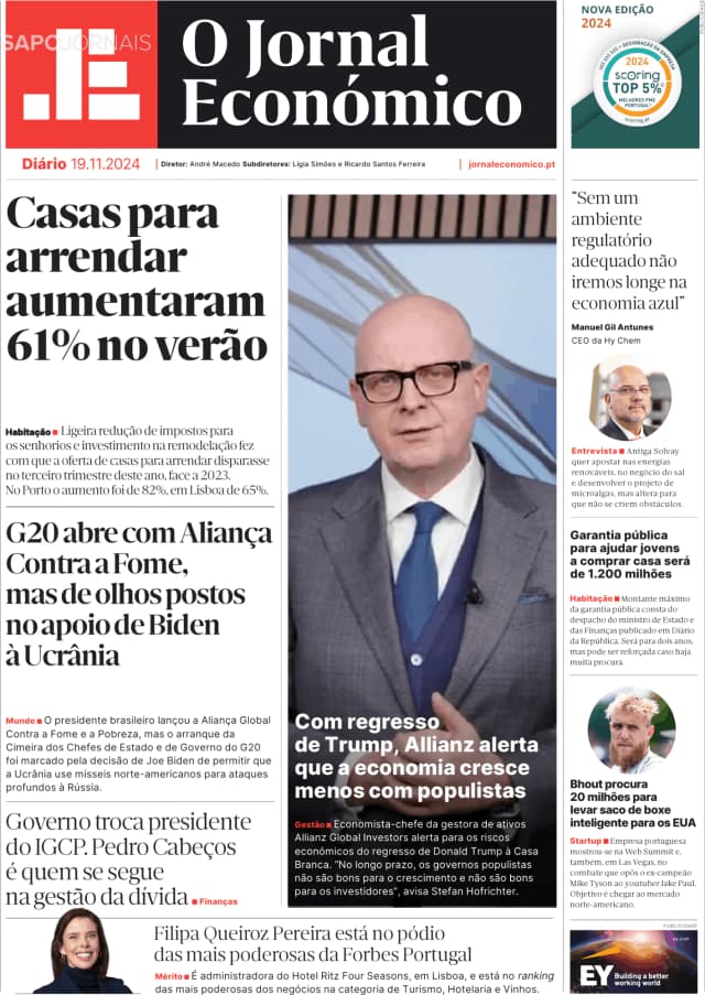 Capa jornal O Jornal Económico 2024-11-19