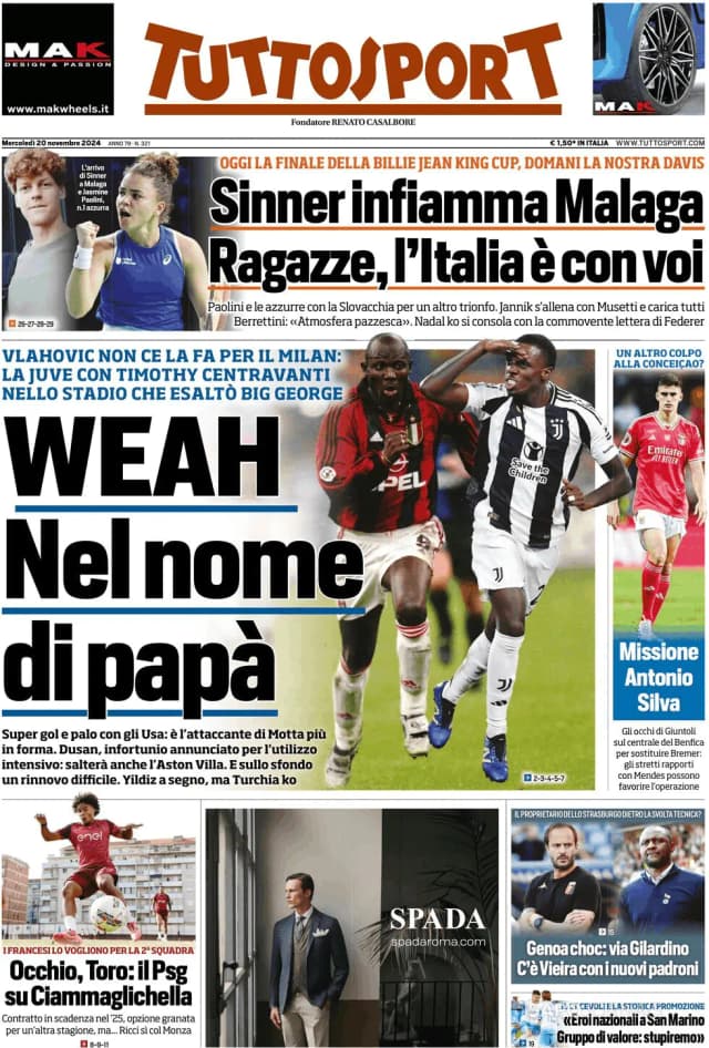 Capa jornal Tuttosport 2024-11-20