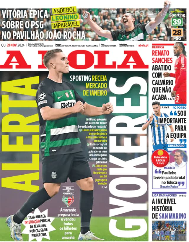 Capa jornal A Bola 2024-11-21