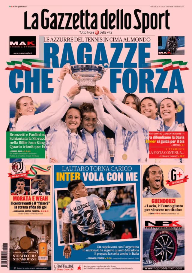 Capa jornal Gazzetta dello Sport 2024-11-21