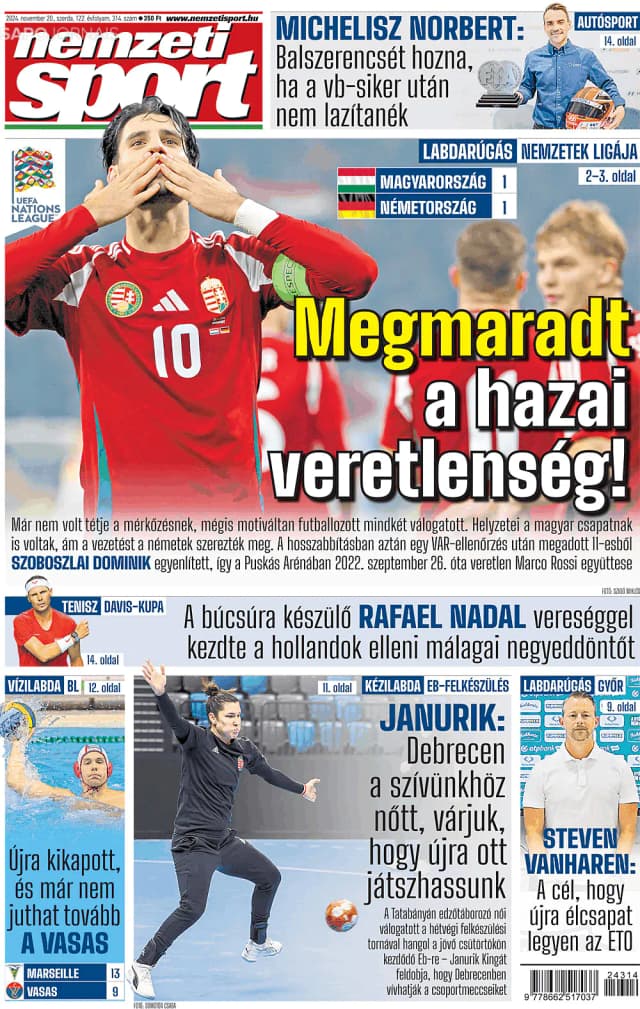 Capa jornal Nemzeti Sport 2024-11-20