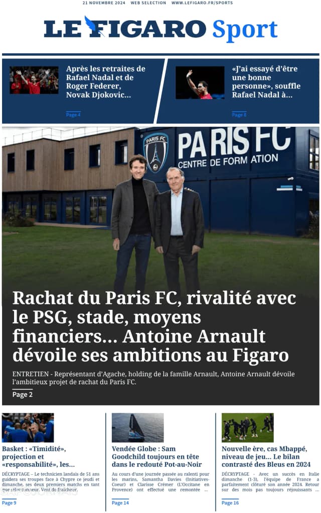 Capa jornal Le Figaro Sport 2024-11-21