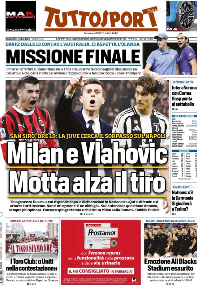 Capa jornal Tuttosport 2024-11-23