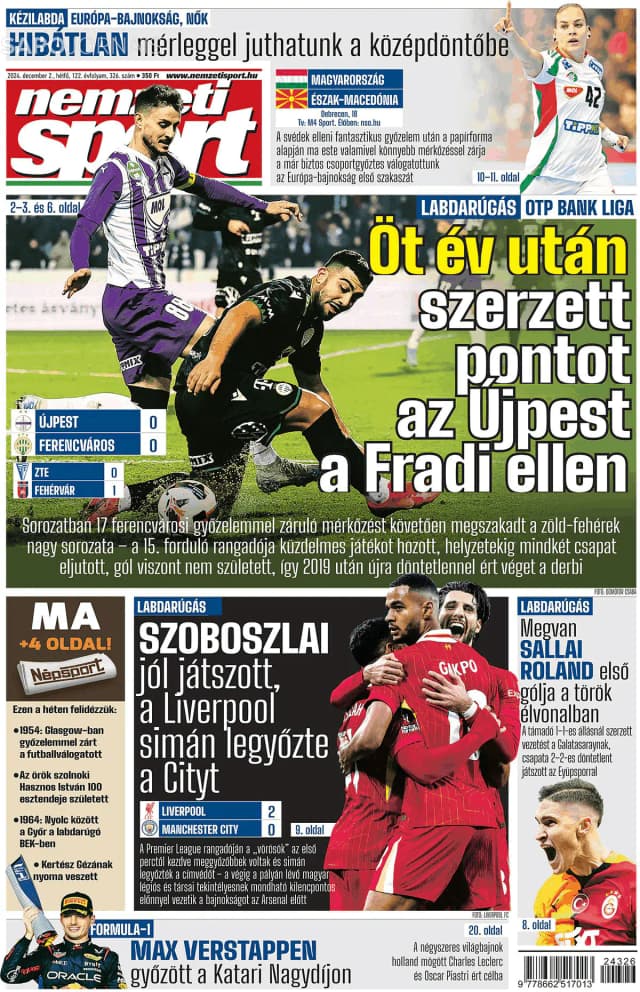 Capa jornal Nemzeti Sport 2024-12-02