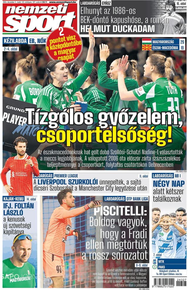 Capa jornal Nemzeti Sport 2024-12-03