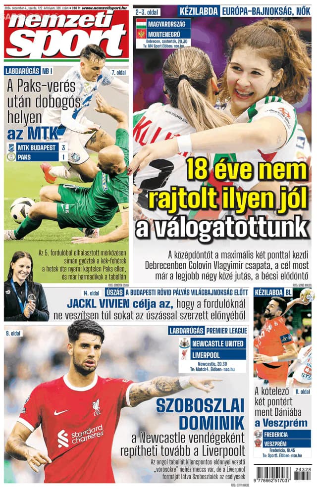 Capa jornal Nemzeti Sport 2024-12-04