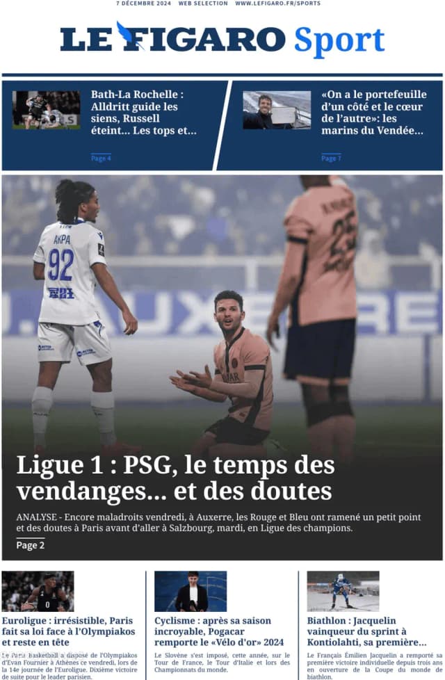 Capa jornal Le Figaro Sport 2024-12-07