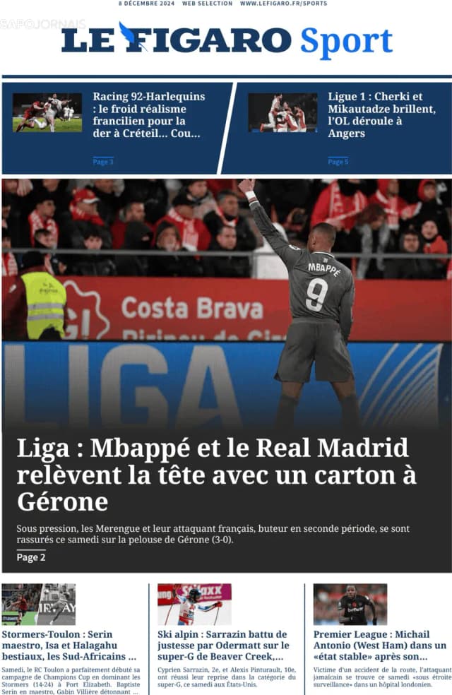 Capa jornal Le Figaro Sport 2024-12-08