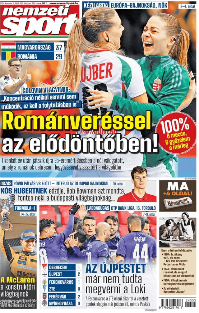 Capa jornal Nemzeti Sport 2024-12-09