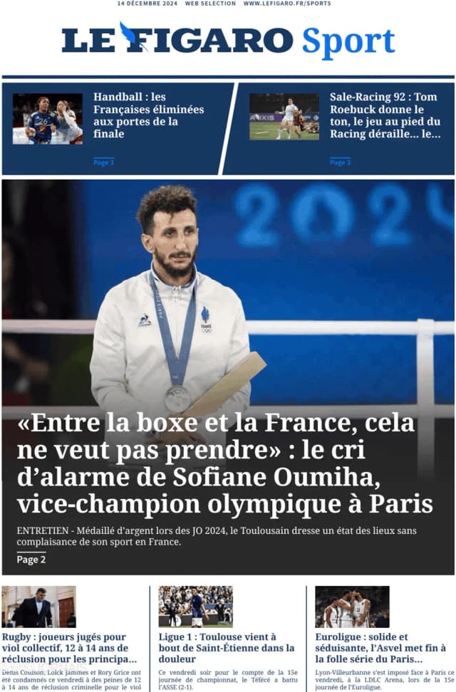 Capa jornal Le Figaro Sport 2024-12-14