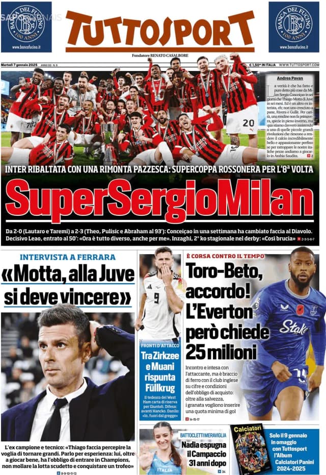 Capa jornal Tuttosport 2025-01-07