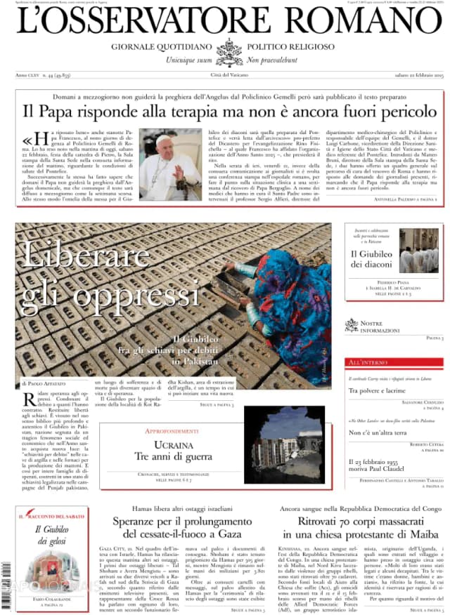 Capa jornal L'Osservatore Romano 2025-02-22