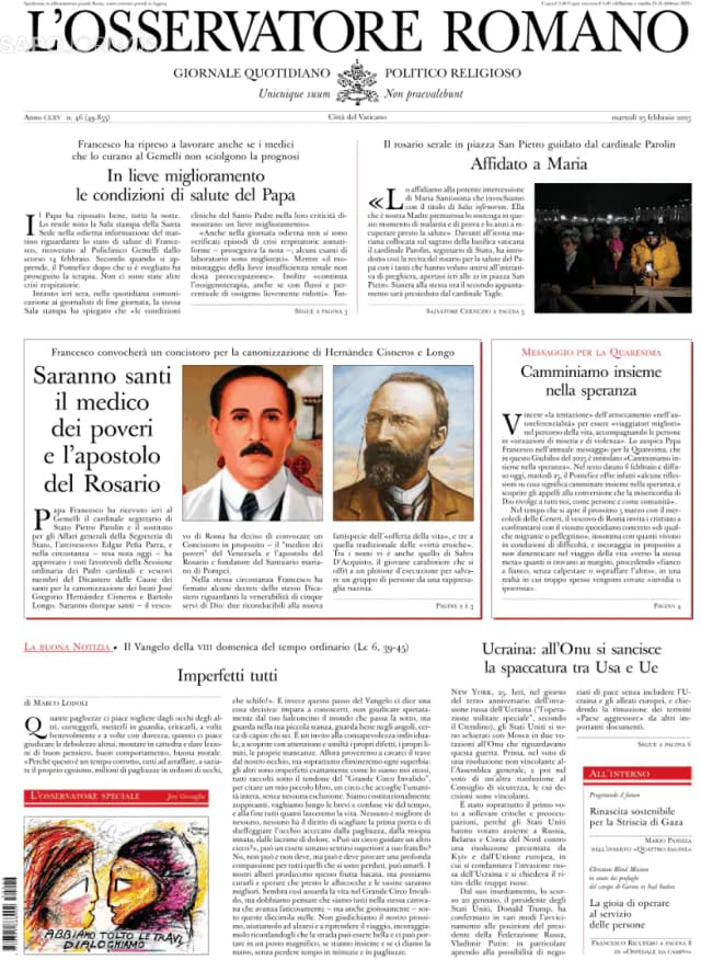 Capa jornal L'Osservatore Romano 2025-02-25