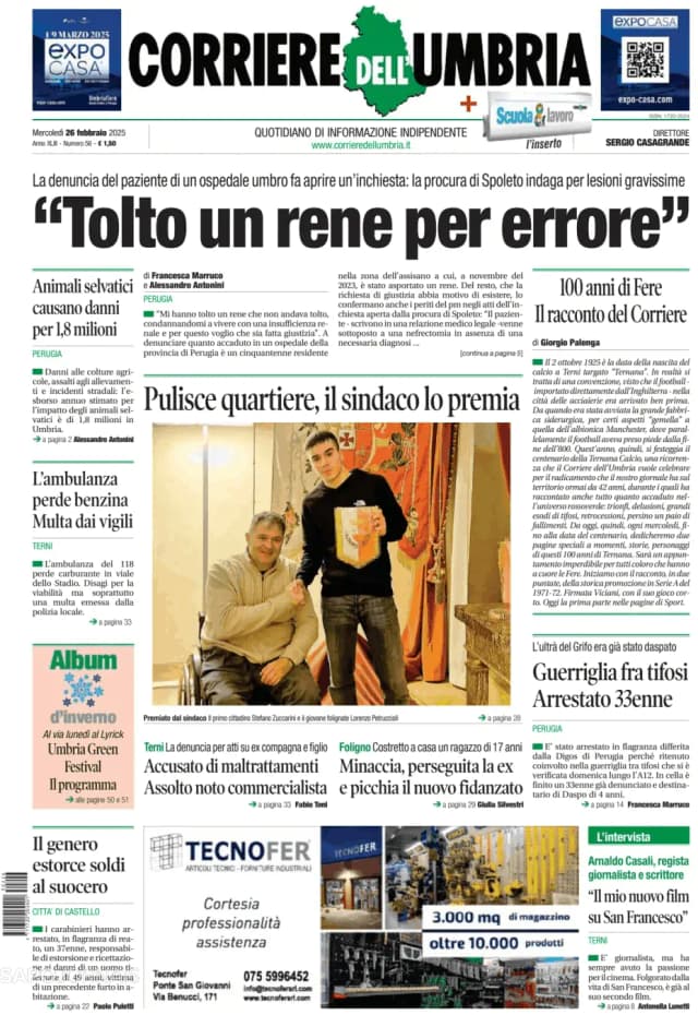 Capa jornal Corriere dell'Umbria 2025-02-26