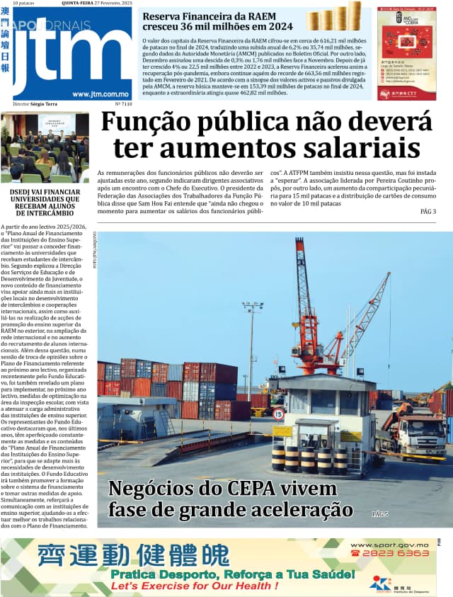 Capa jornal Jornal Tribuna de Macau 2025-02-27