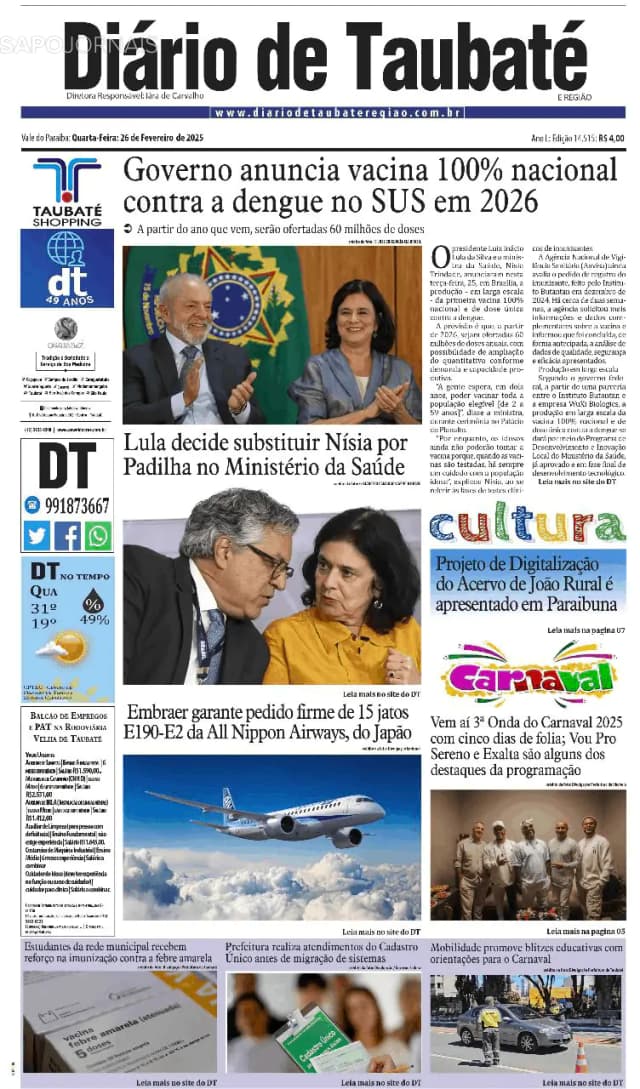 Capa jornal Diário de Taubaté 2025-02-26