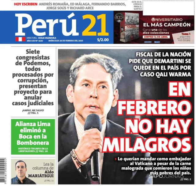 Capa jornal Perú 21 2025-02-26