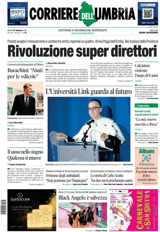 Capa jornal Corriere dell'Umbria 2025-02-27