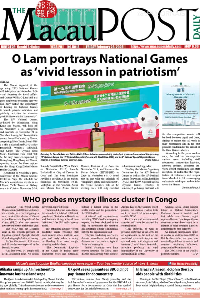 Capa jornal The Macau Post Daily 2025-02-28