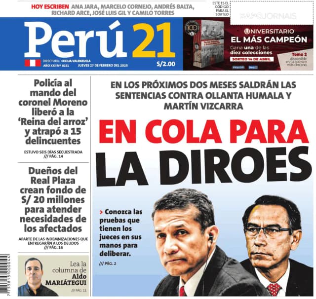 Capa jornal Perú 21 2025-02-27