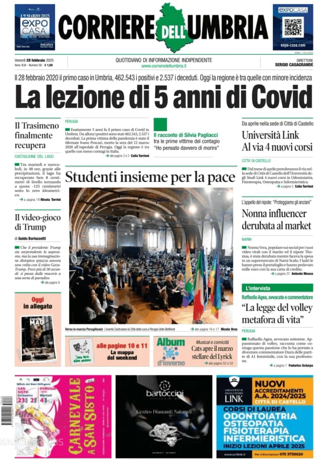 Capa jornal Corriere dell'Umbria 2025-02-28