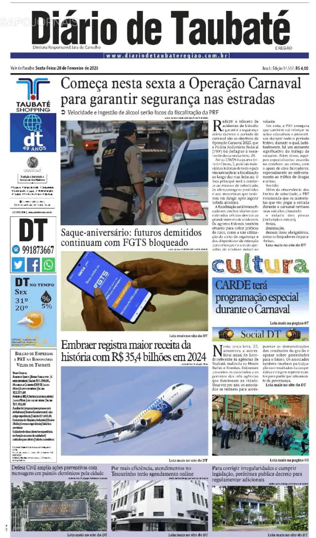 Capa jornal Diário de Taubaté 2025-02-28