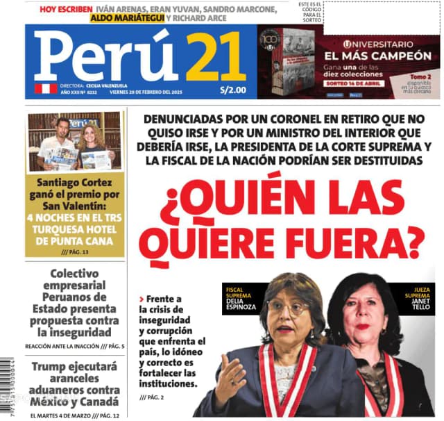 Capa jornal Perú 21 2025-02-28