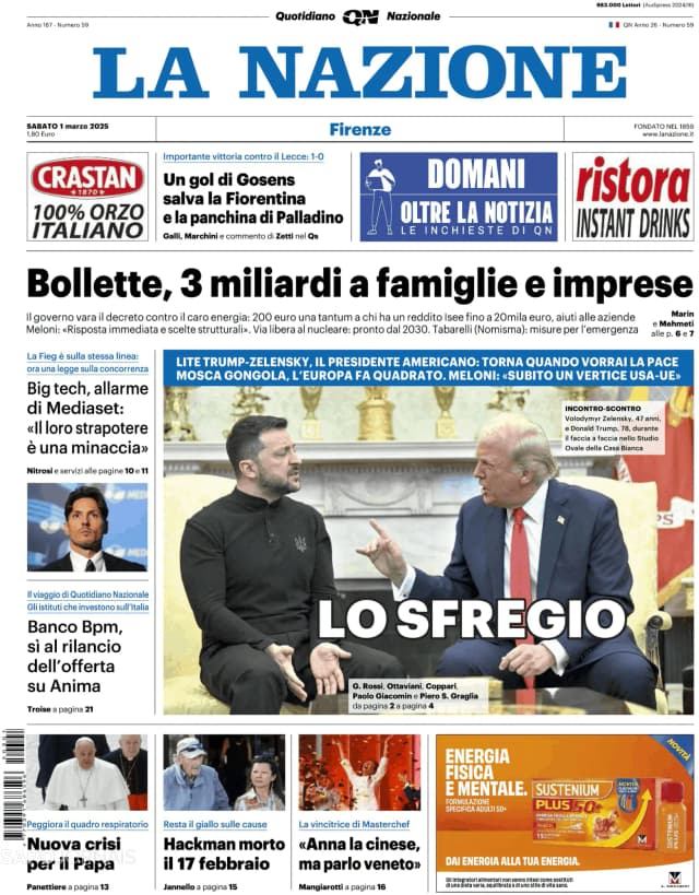 Capa jornal La Nazione 2025-03-01